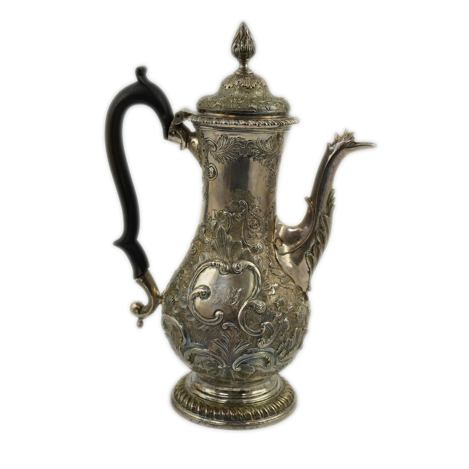 A George III silver coffee pot, by Aldridge & Green, with later embossed decoration